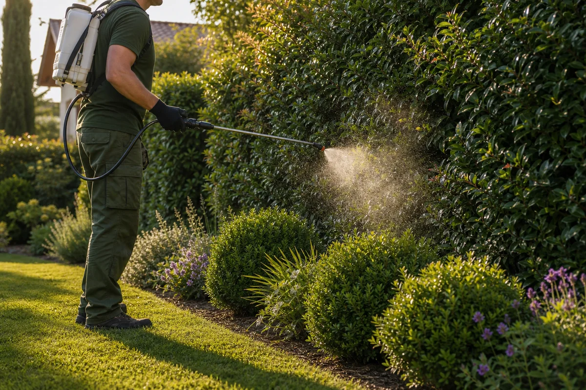 Trattamento adulticida antizanzare su siepi in un giardino a Cesenatico